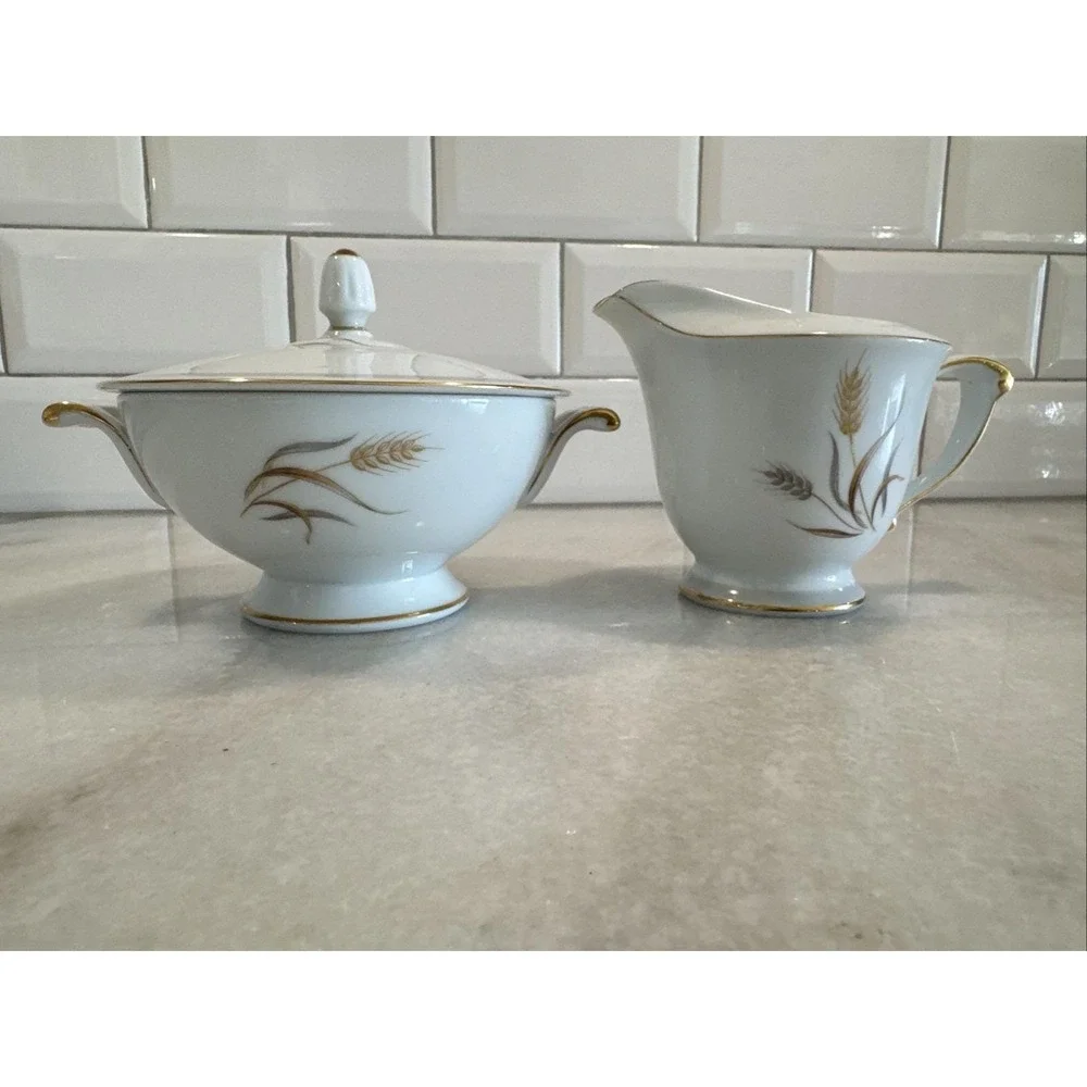 Vtg Sango Japan‎ Harvest Gold Wheat Creamer and Sugar Bowl with Lid Set 1960s